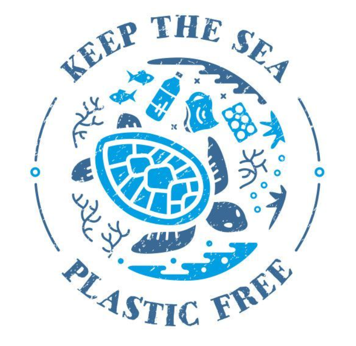 Keep the sea plastic free logo, blue text around an image of a turtle in water polluted by plastic