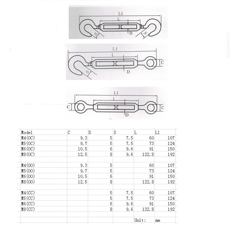 Turnbuckle Bolt Hook Rigging Eye Screw Wire Rope Tensioning Tightener - 1pc M4/M5/M6/M8