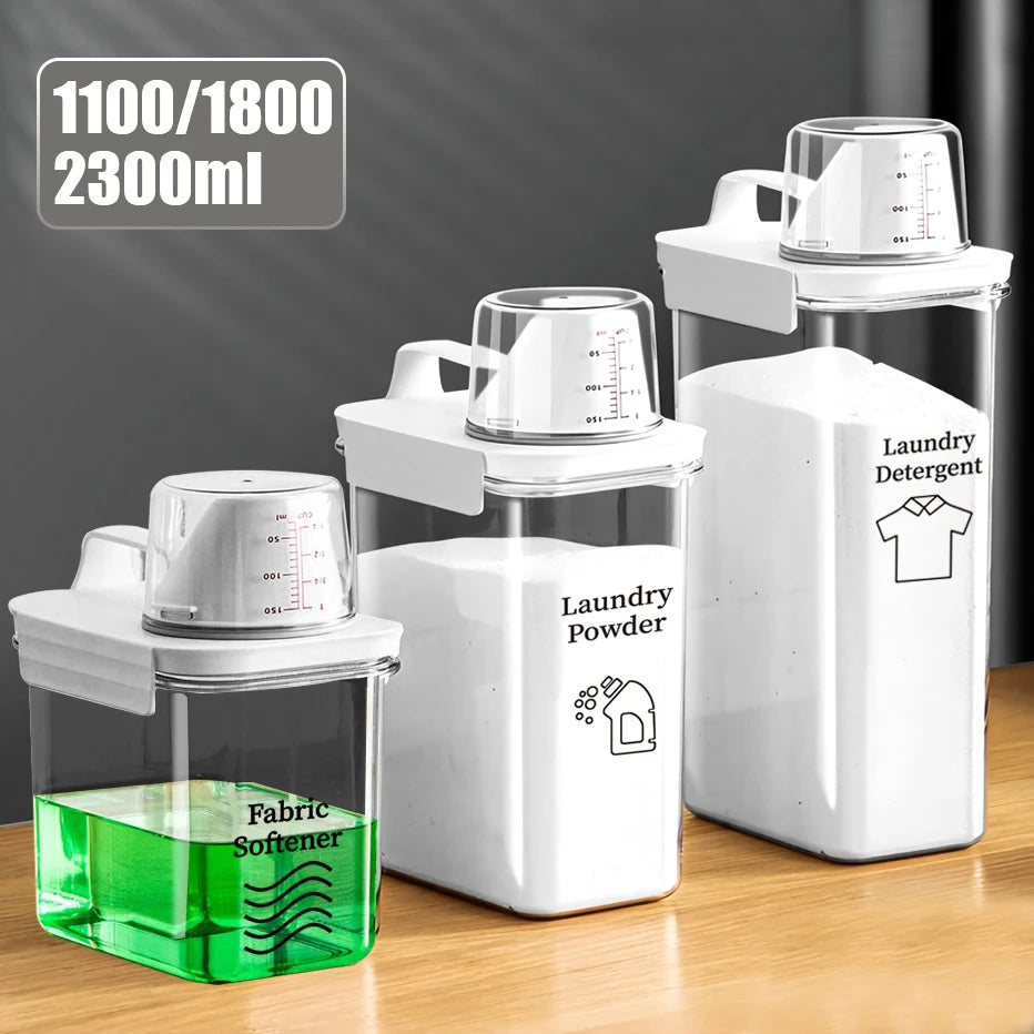 Refillable Laundry Detergent Dispenser – 1100/1800/2300ml Storage Tank with Labels for Powder, Softener, Bleach