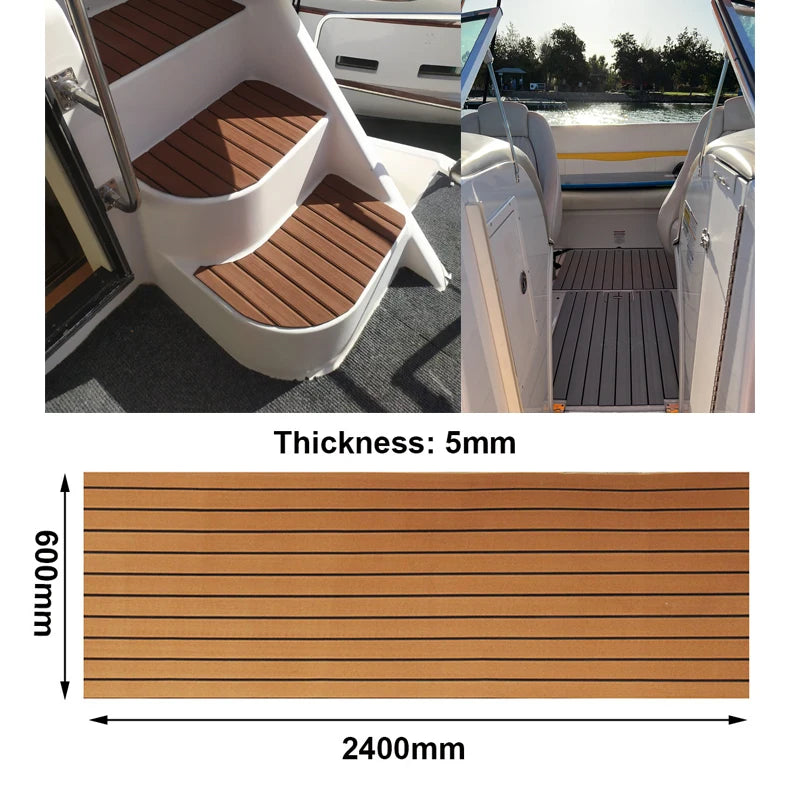 EVA Foam Faux Teak Boat Decking Mat - Non-Skid Yacht Flooring with Self-Adhesive Backing (600x2400x5mm)