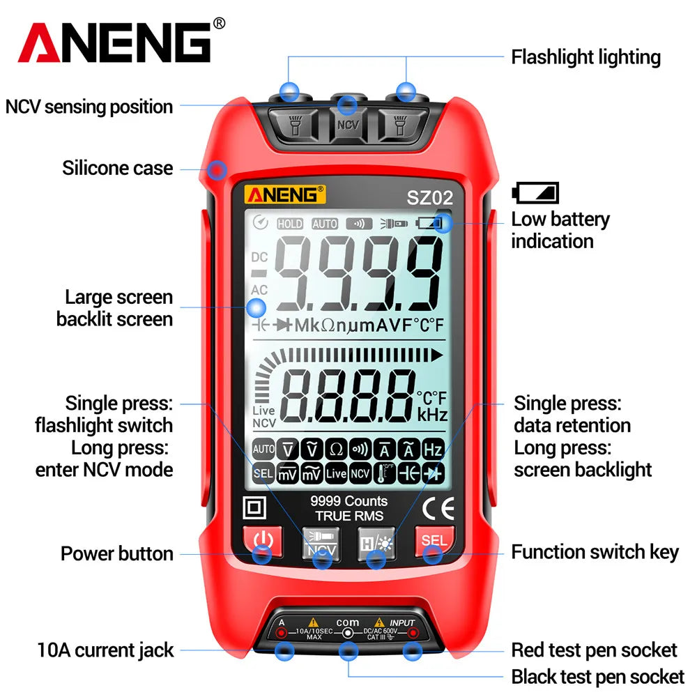 Digital Multimeter True RMS 9999 Counts Auto Electrical Tester