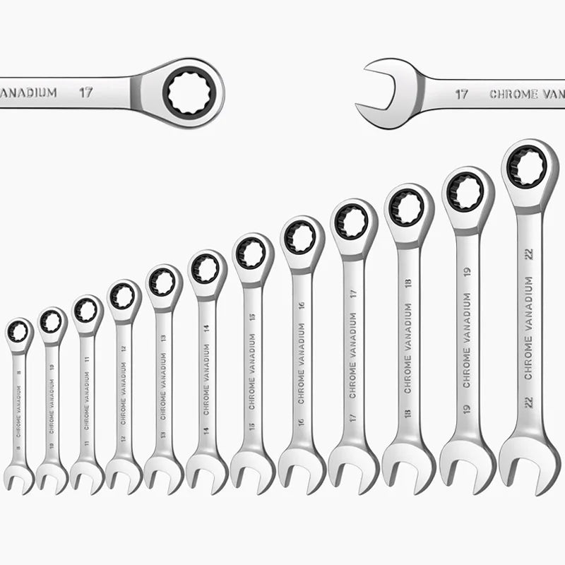 Ratcheting Wrench Set - Metric and Standard 12-Point Box End Combination Spanner Gear Wrench Set