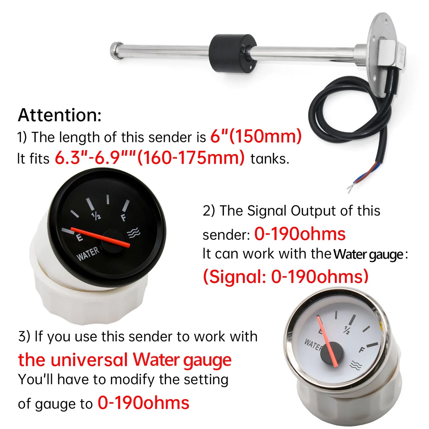 Water Level Sensor 0-190ohm Gauge with Fuel Sender Unit12V/24V