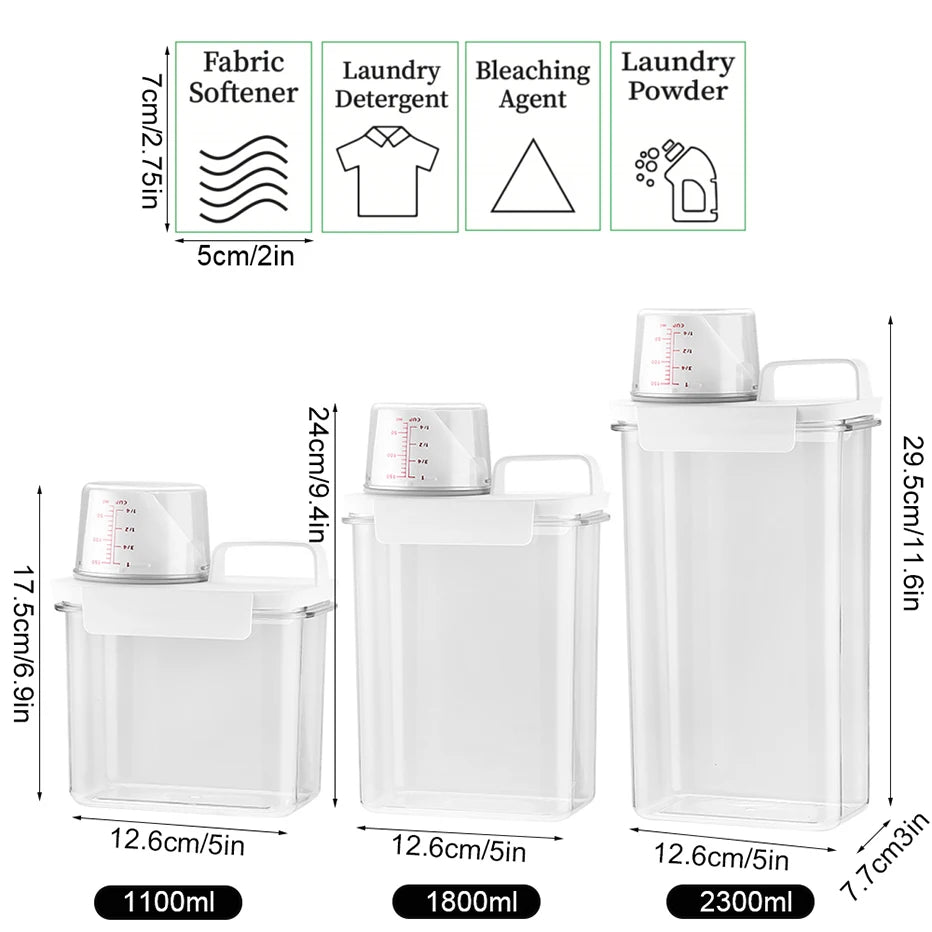 Refillable Laundry Detergent Dispenser – 1100/1800/2300ml Storage Tank with Labels for Powder, Softener, Bleach