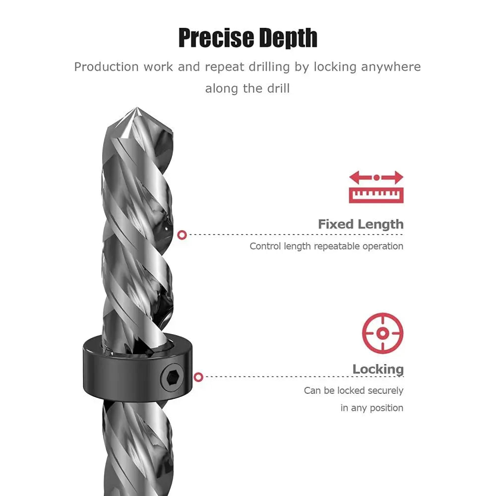 Drill Depth Stop Bit Collar Set - Adjustable Positioner Limit Ring with Allen Wrench