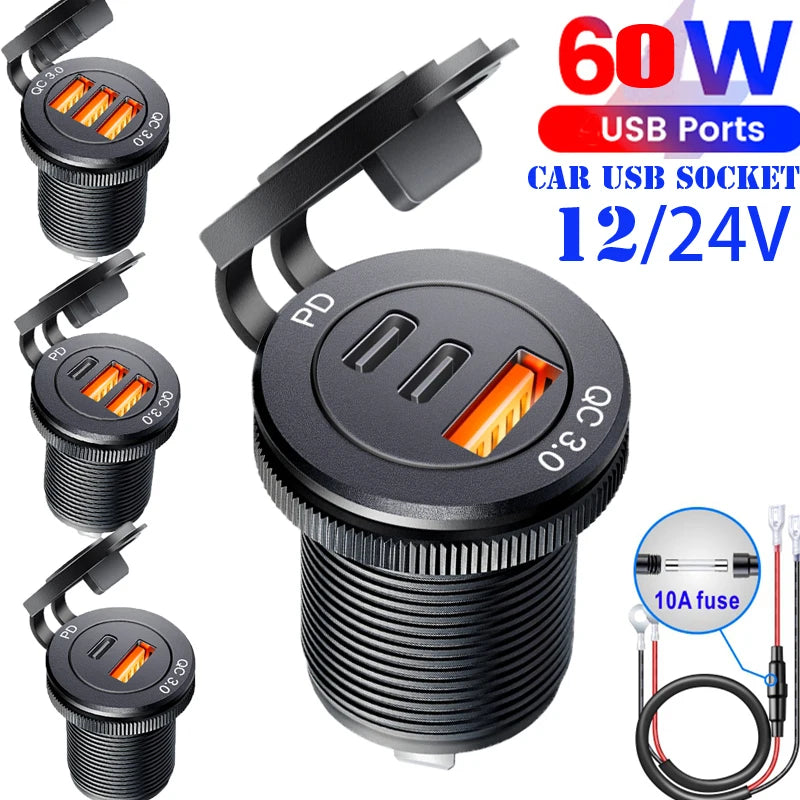 60W Quick Charge USB Car Charger Socket 12V/24V