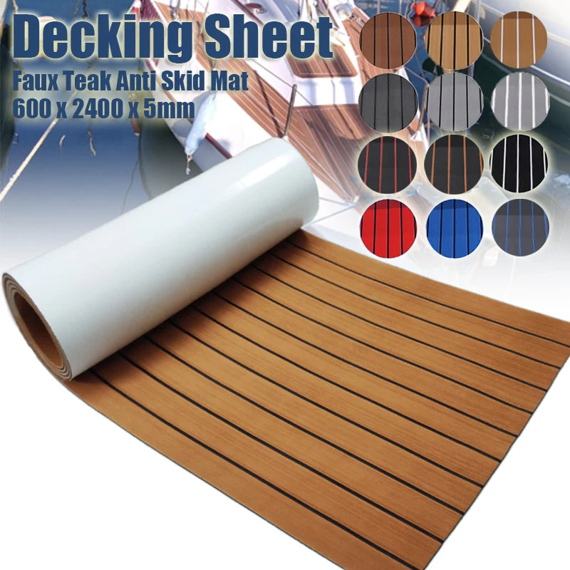 EVA Foam Faux Teak Boat Decking Mat - Non-Skid Yacht Flooring with Self-Adhesive Backing (600x2400x5mm)