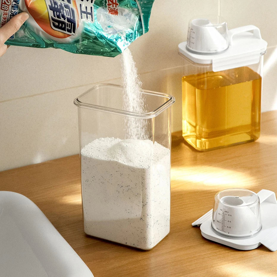 Refillable Laundry Detergent Dispenser – 1100/1800/2300ml Storage Tank with Labels for Powder, Softener, Bleach