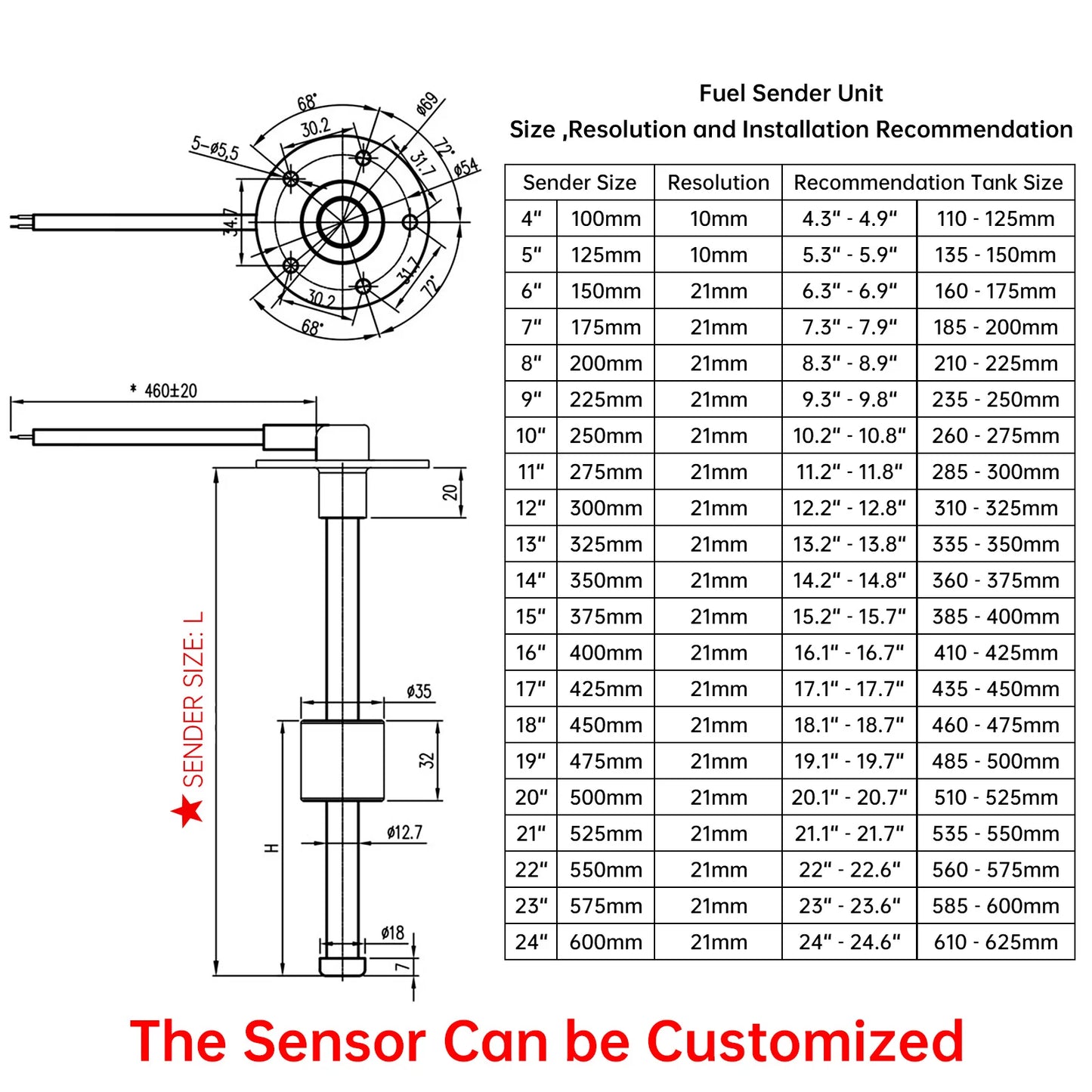 Water Level Sensor 0-190ohm Gauge with Fuel Sender Unit12V/24V