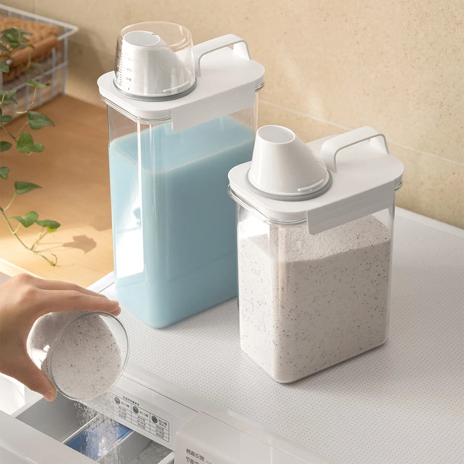 Refillable Laundry Detergent Dispenser – 1100/1800/2300ml Storage Tank with Labels for Powder, Softener, Bleach