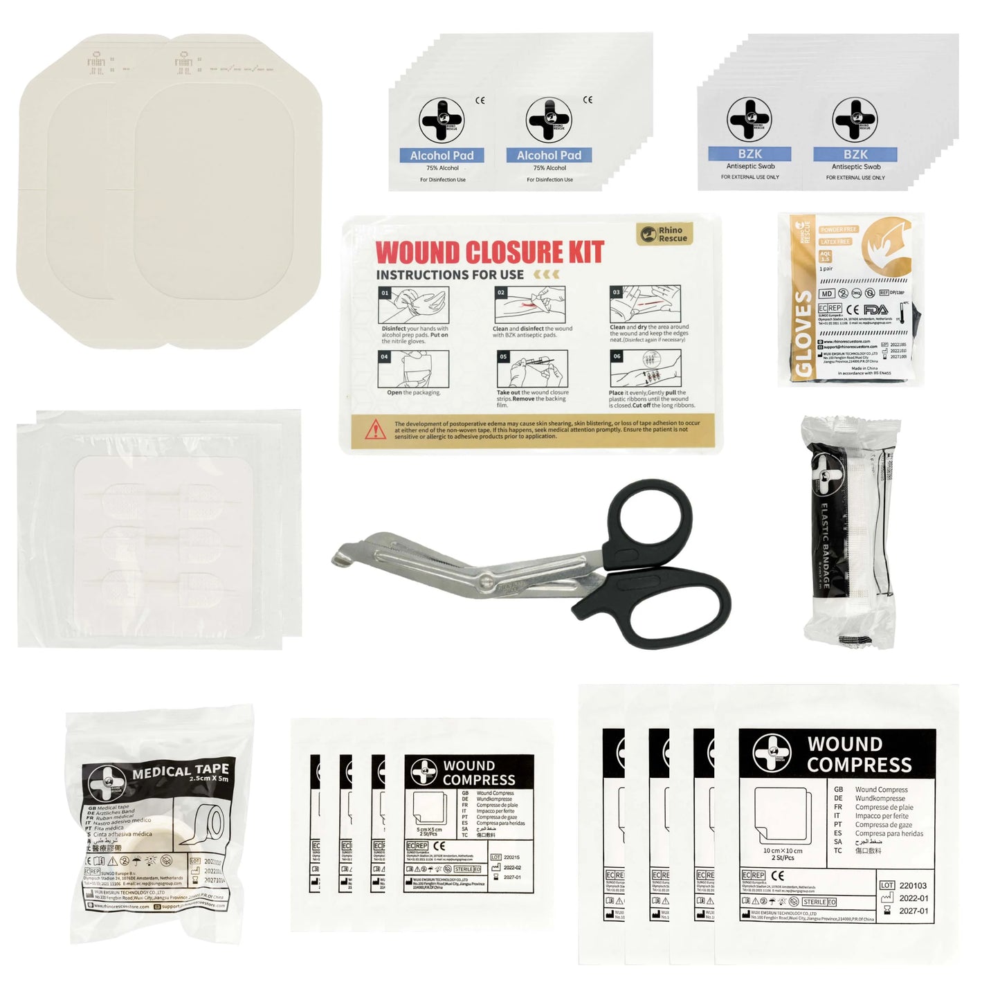 Surgical Quality Laceration Repair Without Stitches - Includes Gauze & Antiseptic Wipe - RHINORESCUE Emergency Wound Closure Strip Kit