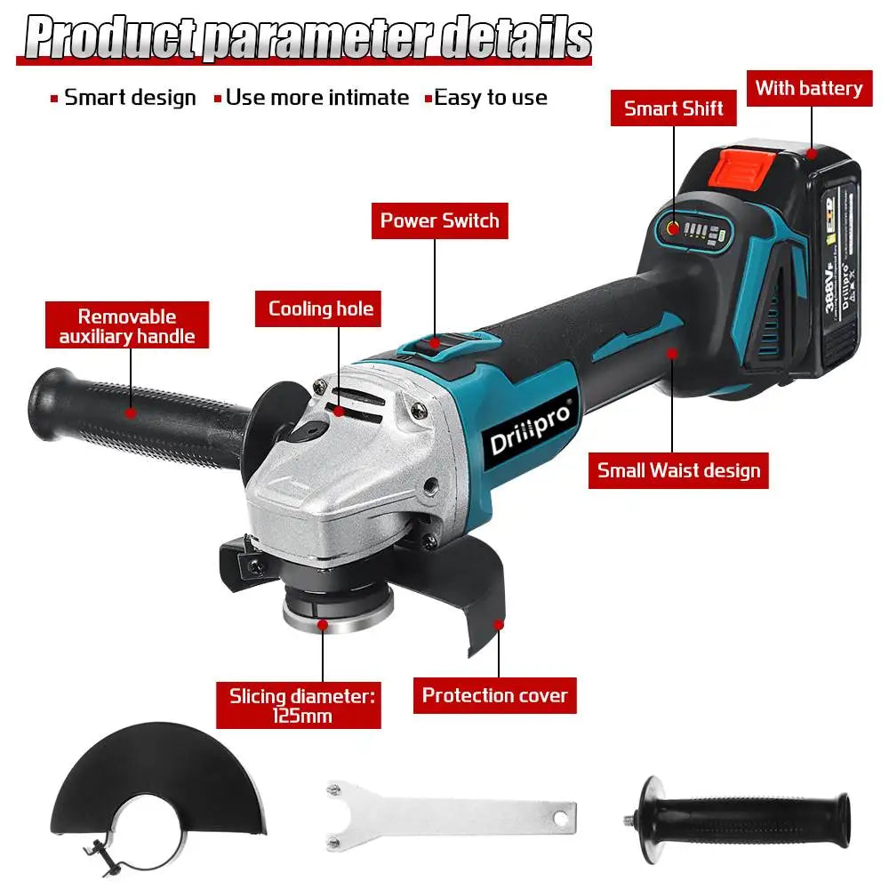 Drillpro 125MM M14 Brushless Electric Angle Grinder - Compatible with Makita 18V Battery