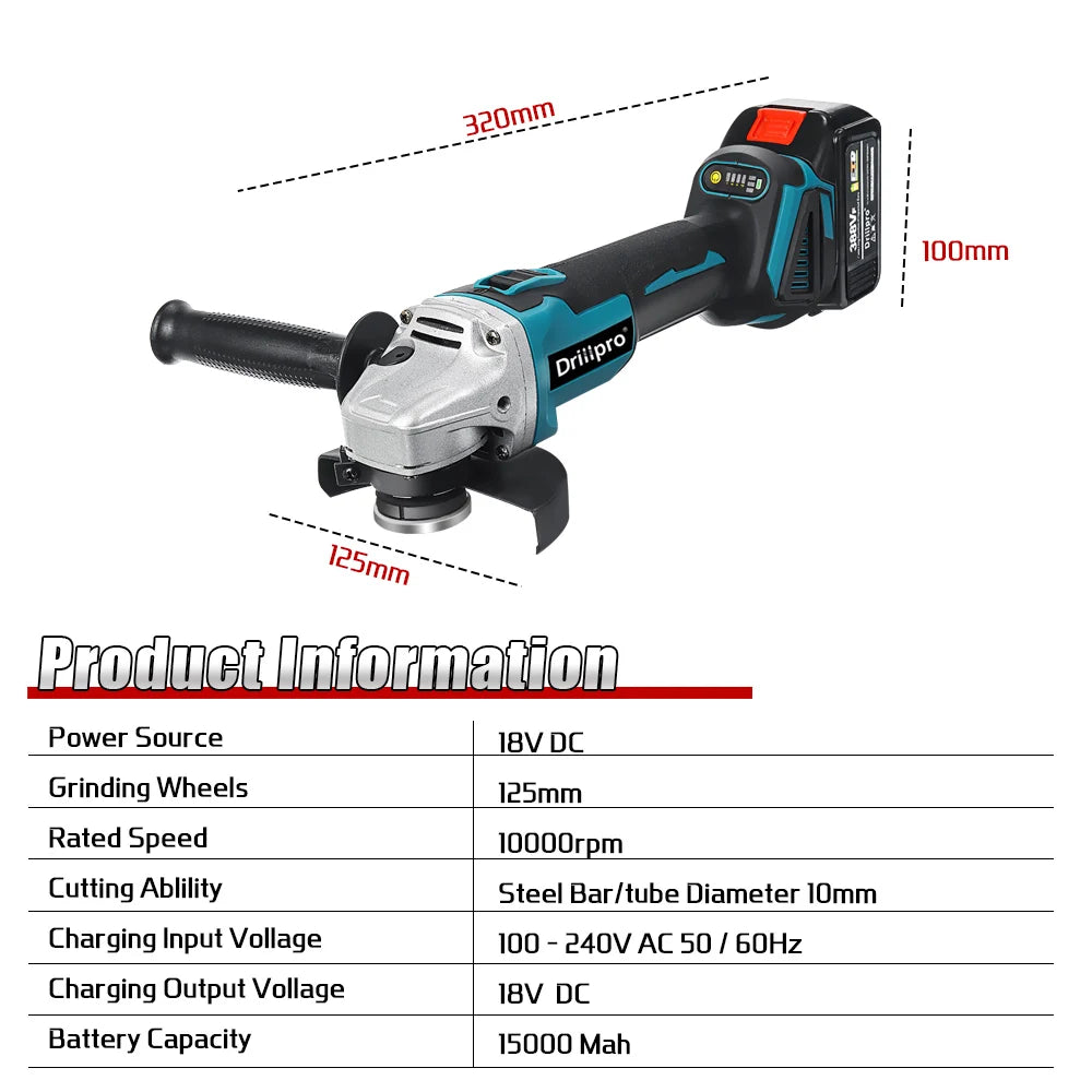 Drillpro 125MM M14 Brushless Electric Angle Grinder - Compatible with Makita 18V Battery