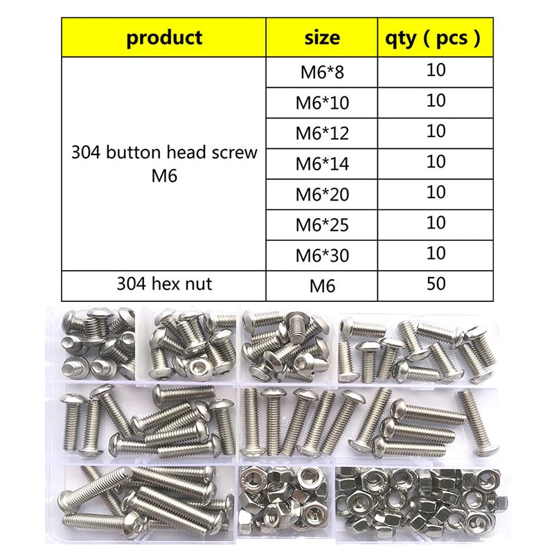 304 Stainless Steel Hex Button Socket Head Cap Screw & Nut Assortment Kit – Metric Sizes M2 to M6