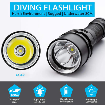 Super Bright Diving Flashlight - IP68 Waterproof Professional Dive Light