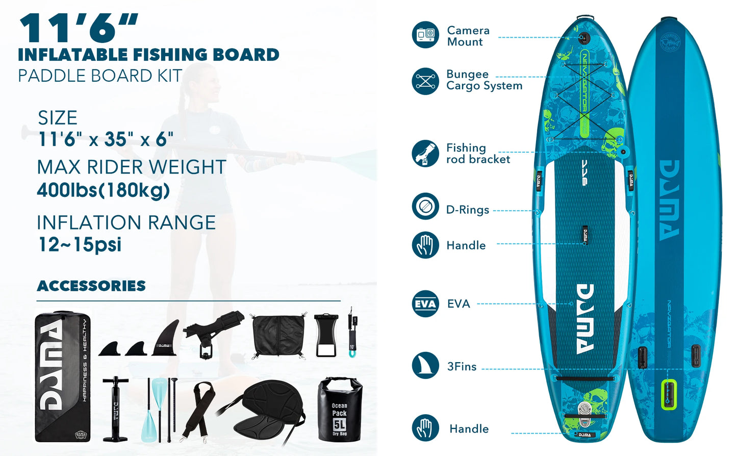 DAMA 11'6" Inflatable Fishing SUP Board with Accessories - Extra Wide Paddle Board