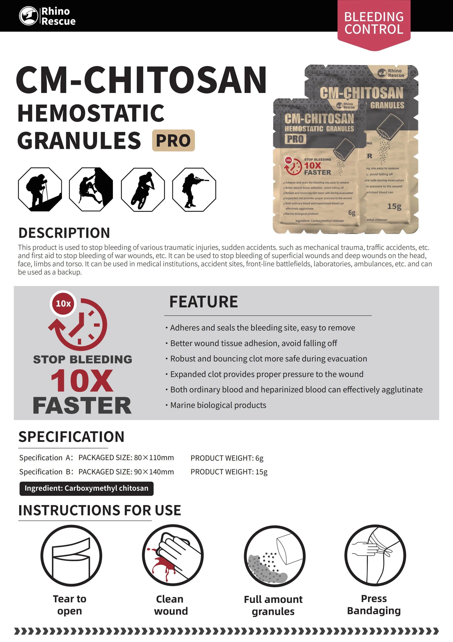 Haemostatic Granules Wound Dressing for Fast Bleed Control - Rhino Rescue Chitosan Haemostatic Powder 6g/15g