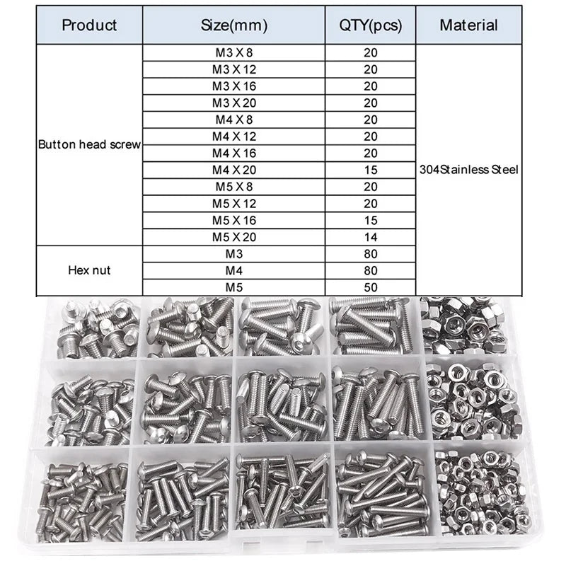 304 Stainless Steel Hex Button Socket Head Cap Screw & Nut Assortment Kit – Metric Sizes M2 to M6