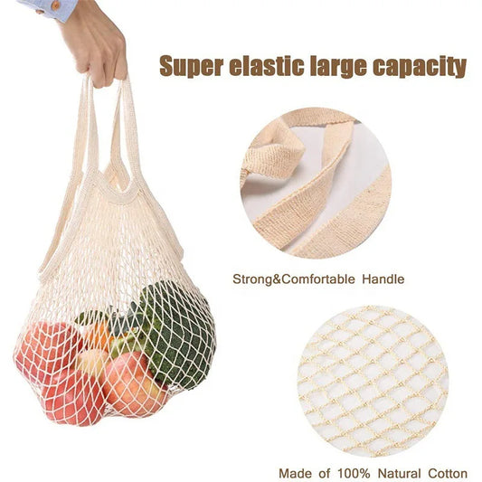 Canvas Mesh Net Bag – Reusable Foldable Fruit & Vegetable Storage Handbag