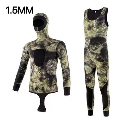 5mm Camouflage Neoprene Wetsuit - 2-Piece Long Sleeve Hooded Diving Suit for Men