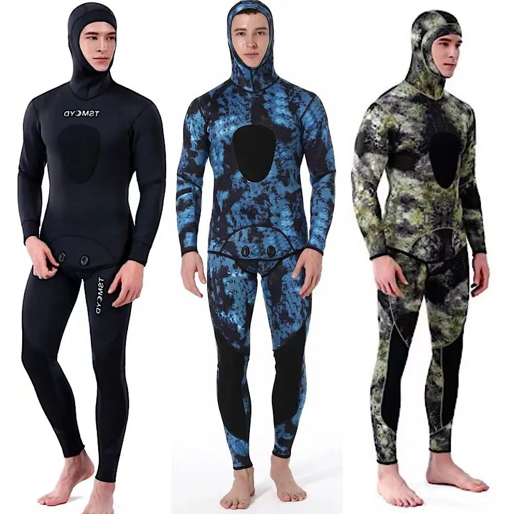 5mm Camouflage Neoprene Wetsuit - 2-Piece Long Sleeve Hooded Diving Suit for Men