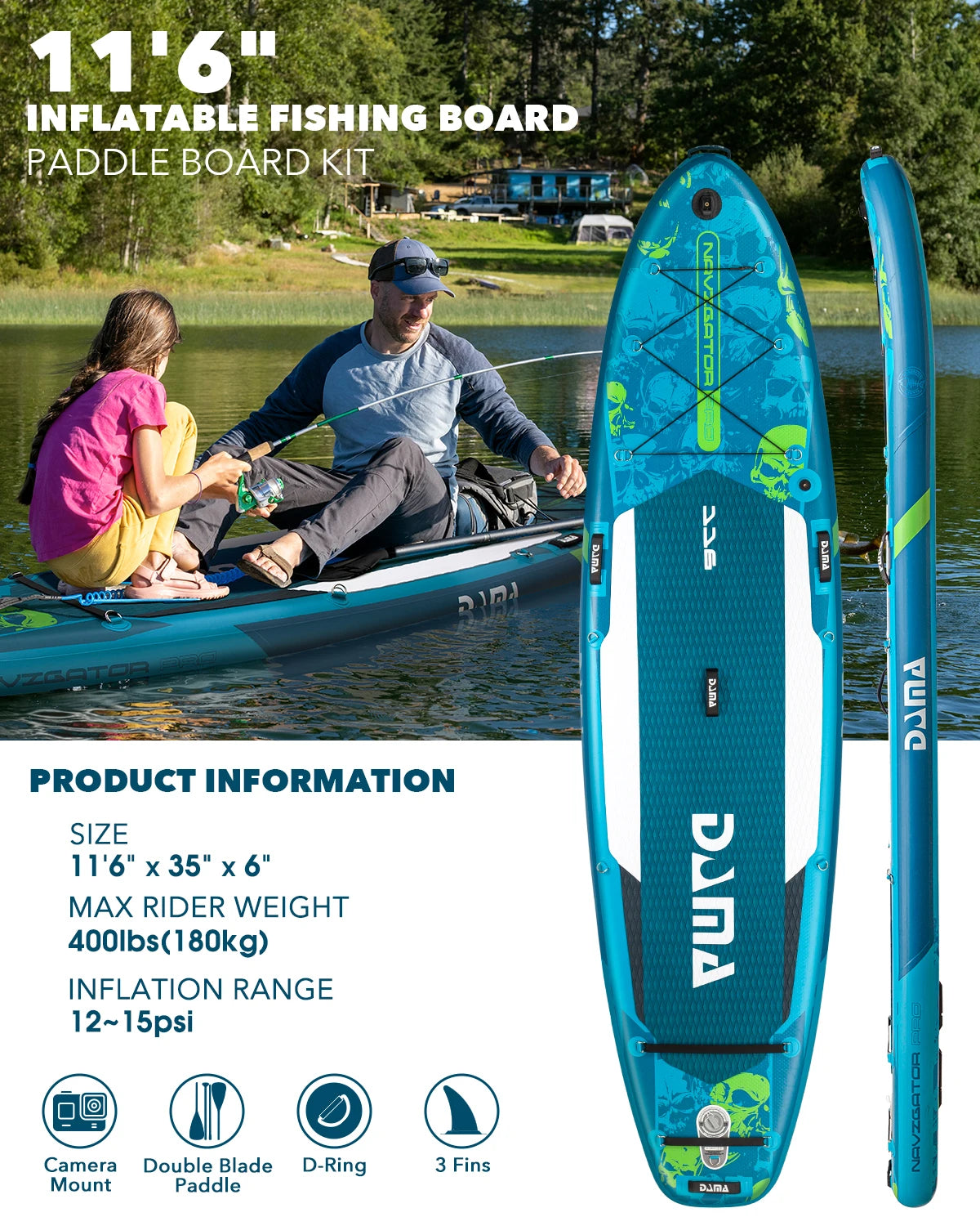 DAMA 11'6" Inflatable Fishing SUP Board with Accessories - Extra Wide Paddle Board