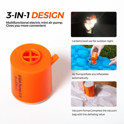 GIGA Pump 2.0: 3-in-1 Portable Mini Electric Inflator, Vacuum Pump, and Camping Lantern