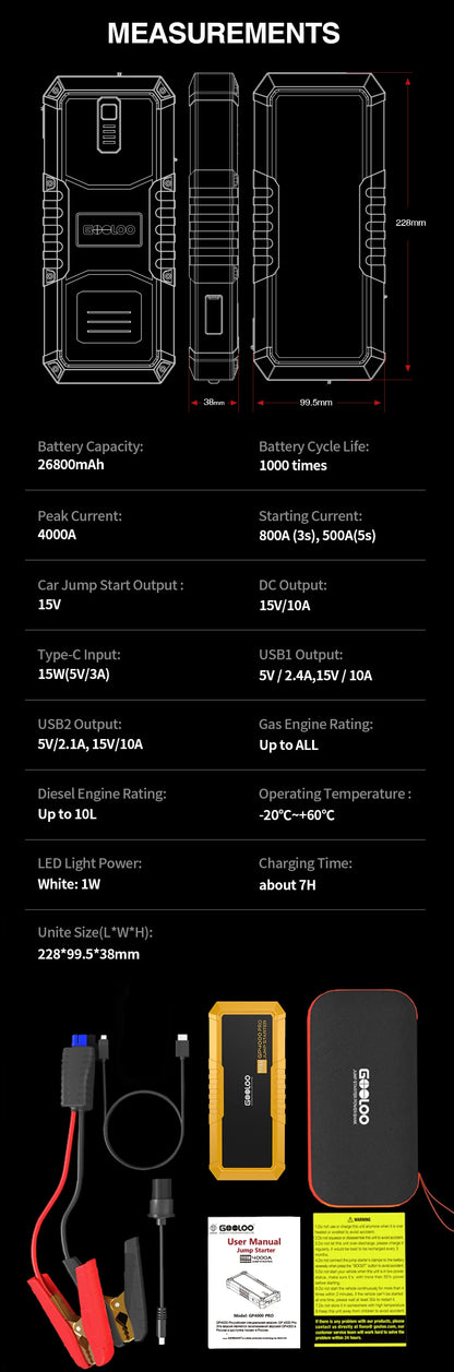 GOOLOO 4000A Marine Jump Starter – 26800mAh Portable Power Bank for Boats and Vehicles