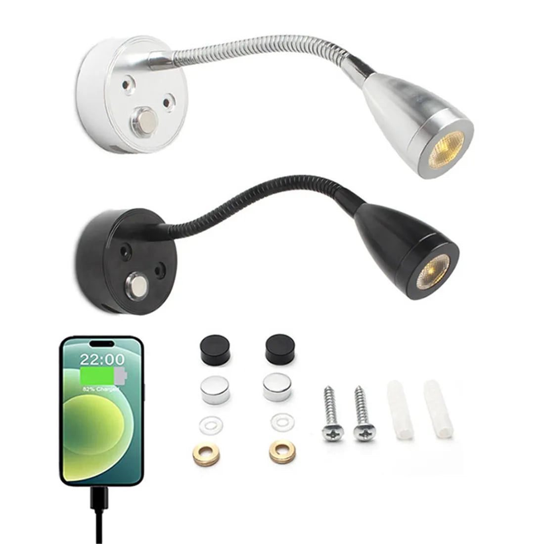 LED Reading Light with 2A USB Charge Port Dimmable Gooseneck Wall Lamp