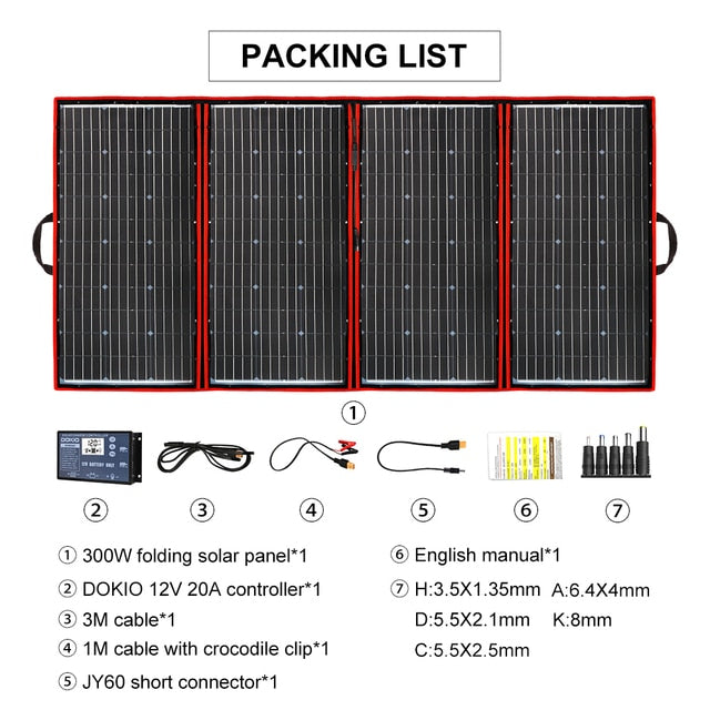 DOKIO 300W 18V Flexible Foldable Solar Panel - Portable Solar Panel Kit for Boat, RV, Travel, Home, Car