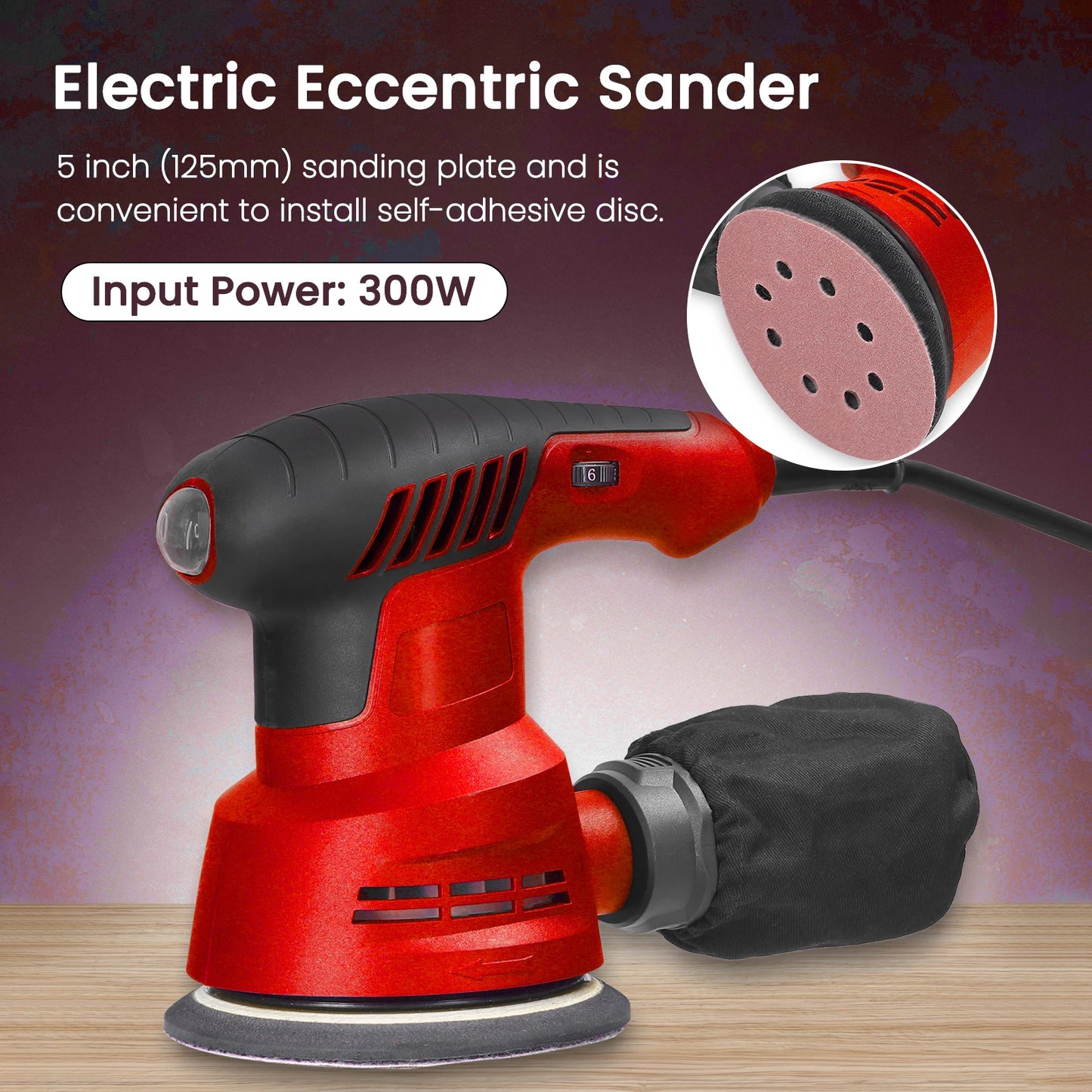 300W Electric Eccentric Sander - 5 Inch 125mm Sanding Plate with Dust Box and 6-Speed