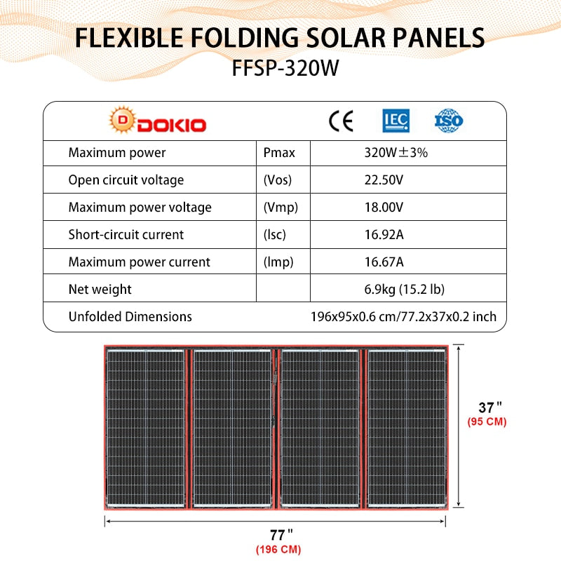 DOKIO 300W 18V Flexible Foldable Solar Panel - Portable Solar Panel Kit for Boat, RV, Travel, Home, Car