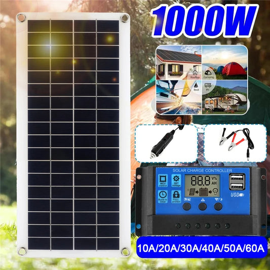 1000W Solar Panel - Flexible Solar Cell with Controller for Phone RV Car Charger Outdoor Battery Supply