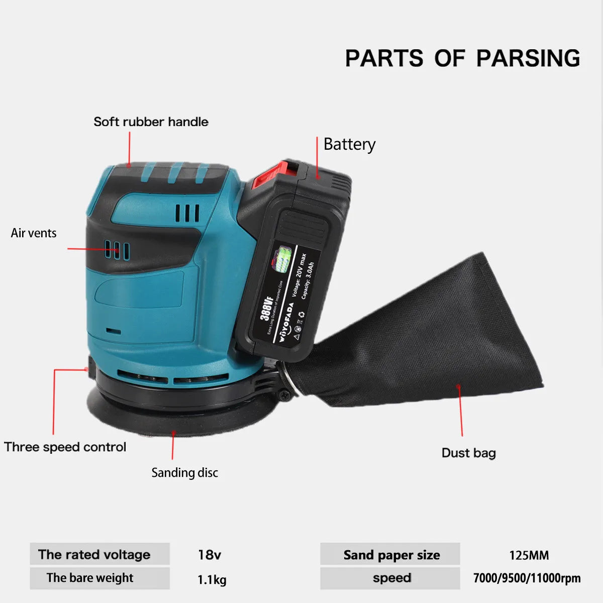 3-Speed 125mm Random Orbit Electric Sander - Compatible with Makita 18V Battery