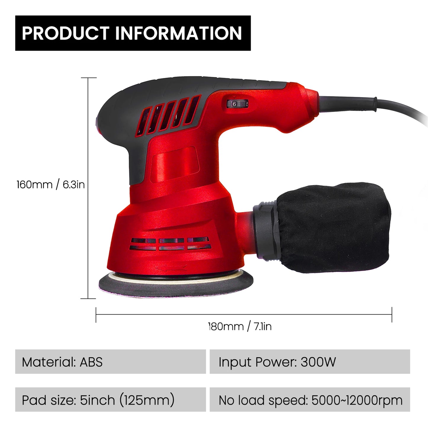 300W Electric Eccentric Sander - 5 Inch 125mm Sanding Plate with Dust Box and 6-Speed