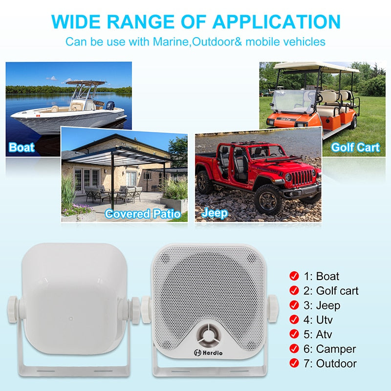 120W Waterproof Marine Grade Bluetooth Speaker Pair - Outdoor Audio for Boat, Truck, Tractor - E-Max HS-61