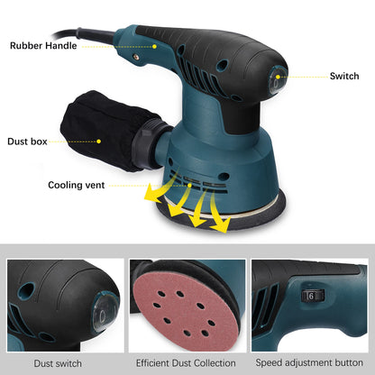 300W Electric Eccentric Sander - 5 Inch 125mm Sanding Plate with Dust Box and 6-Speed