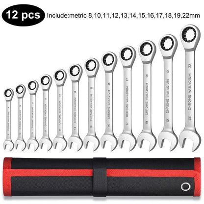 Ratcheting Wrench Set - Metric and Standard 12-Point Box End Combination Spanner Gear Wrench Set