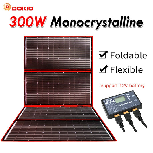 DOKIO 300W 18V Flexible Foldable Solar Panel - Portable Solar Panel Kit for Boat, RV, Travel, Home, Car